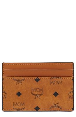 MCM Mini Visetos Coated Canvas Card Case in Cognac