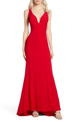 Mac Duggal V-Neck Jersey Gown with Train in Red