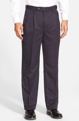 Berle Self Sizer Waist Pleated Classic Fit Microfiber Trousers in Navy