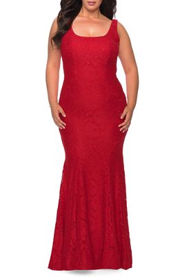 La Femme Beaded Lace Trumpet Gown in Red