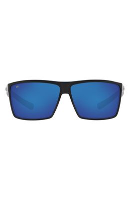 Costa Del Mar 63mm Polarized Oversize Rectangle Sunglasses in Shiny Black/Blue Mirror