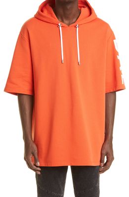 Balmain Short Sleeve Graphic Hoodie in Orange/White