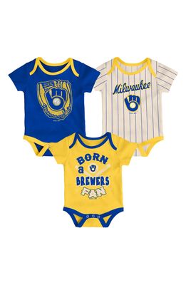 Outerstuff Newborn Royal/Gold/Cream Milwaukee Brewers Three-Pack Number One Bodysuit