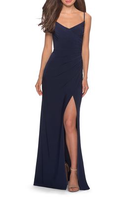 La Femme Ruched Jersey Trumpet Gown in Navy