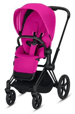 CYBEX e-Priam Matte Black Electronic Stroller with All Terrain Wheels in Fancy Pink