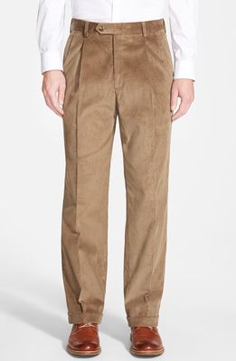 Berle Pleated Classic Fit Corduroy Trousers in Tan