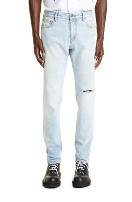 Off-White Men's Distressed Skinny Jeans in Bleach Blue