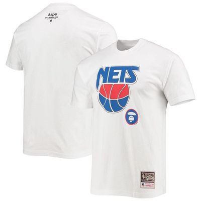 Men's AAPE x Mitchell & Ness White New Jersey Nets Hardwood Classics Team T-Shirt