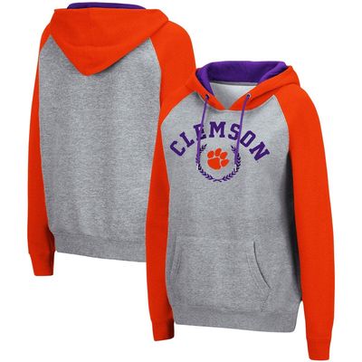 Women's Colosseum Heathered Gray Clemson Tigers Contrast Raglan Pullover Hoodie in Heather Gray