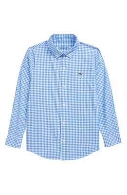 vineyard vines Kids' Gingham Performance Whale Button-Down Shirt in Cornflower