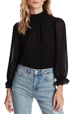 1.STATE Smocked Neck Long Sleeve Blouse in Rich Black