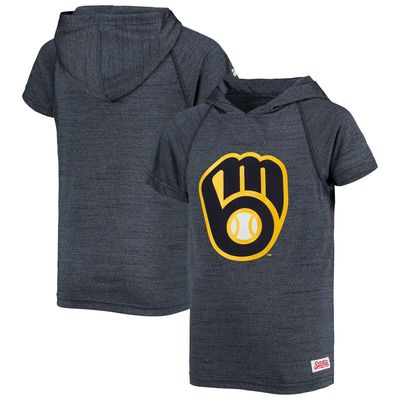 Youth Stitches Heathered Navy Milwaukee Brewers Raglan Short Sleeve Pullover Hoodie in Heather Navy