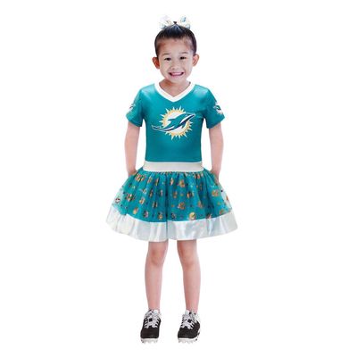 JERRY LEIGH Girls Youth Aqua Miami Dolphins Tutu Tailgate Game Day V-Neck Costume