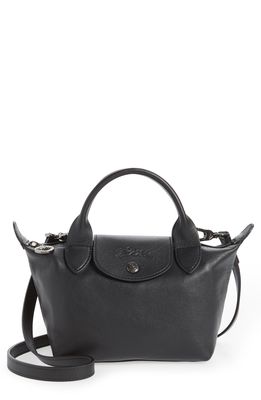 Longchamp Mini Le Pliage Cuir Leather Top Handle Bag in Black
