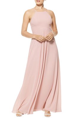 Levkoff Halter Neck Chiffon A-Line Gown in Frost Rose