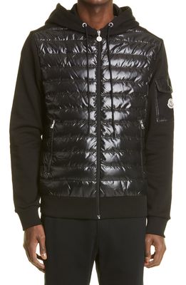 Moncler Men's Quilted Down Front Cotton Hoodie in Black
