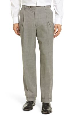 Berle Pleated Houndstooth Wool Trousers in Charcoal