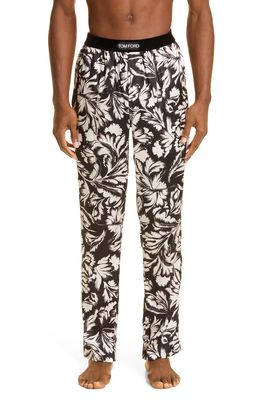 Tom Ford Leaf Print Stretch Silk Pajama Pants in Black /Off White
