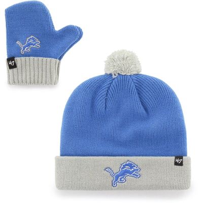 Infant '47 Blue/Gray Detroit Lions Bam Bam Cuffed Knit Hat with Pom and Mittens Set