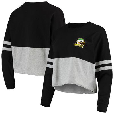 BOXERCRAFT Women's Black/Heathered Gray Oregon Ducks Cropped Retro Jersey Long Sleeve T-Shirt