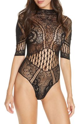 Hauty Cleopatra Elbow Sleeve Lace Thong Teddy in Black