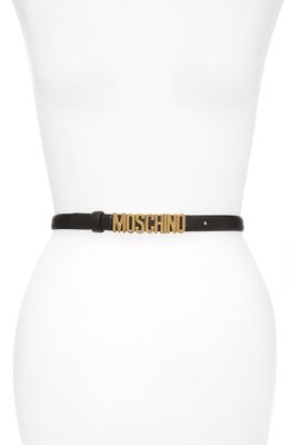 Moschino Logo Plaque Skinny Leather Belt in Black