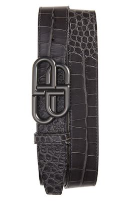 Balenciaga BB Logo Buckle Croc Embossed Leather Belt in Dark Grey