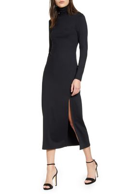 Susana Monaco Long Sleeve Turtleneck Slit Midi Dress in Black