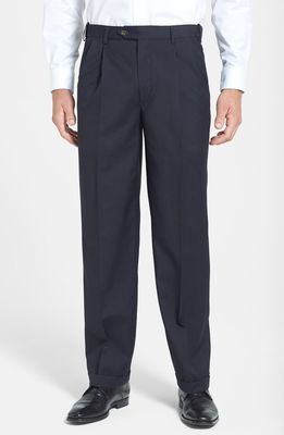Berle Self Sizer Waist Pleated Lightweight Plain Weave Classic Fit Trousers in Navy