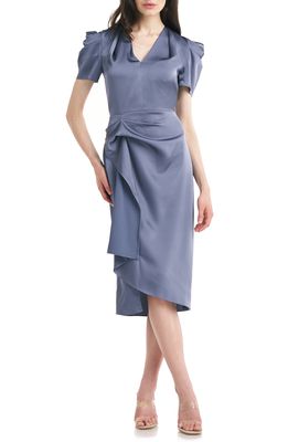 Kay Unger Rosalinda Ruched Satin Cocktail Midi Dress in French Grey