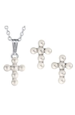 Mignonette Cultured Pearl Cross Pendant Necklace & Earrings Set in Silver