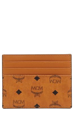 MCM Mini Visetos Canvas Card Case with Money Clip in Cognac