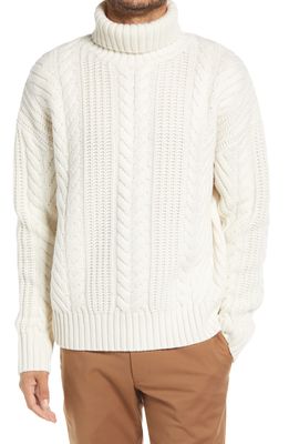 BOSS Nannos Oversize Turtleneck Cable Knit Wool Sweater in Open White
