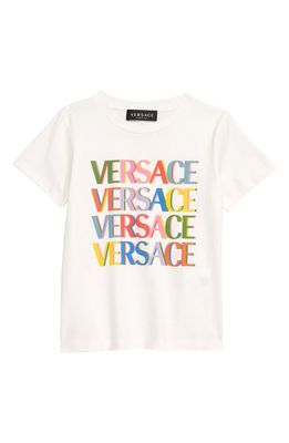 Versace Kids' Logo Good Vibes Cotton Tee in Bianco Multicolor