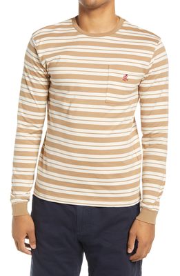 Gramicci Stripe Long Sleeve Pocket Cotton T-Shirt in Brown X Ivory