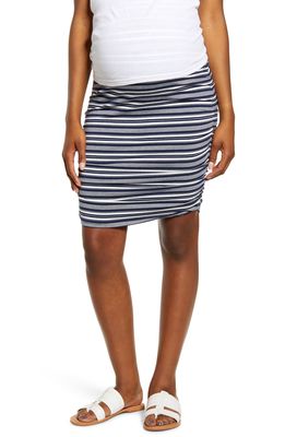 Angel Maternity Over the Belly Ruched Maternity Skirt in Navy Stripes