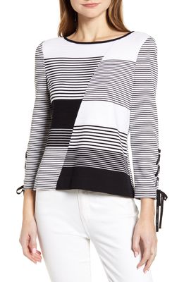 Ming Wang Asymmetric Stripe Laced Sleeve Sweater in Black/White