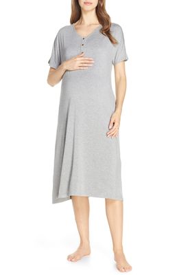 Nesting Olive Solid Maternity/Nursing Nightshirt in Solid- Heathered Gray