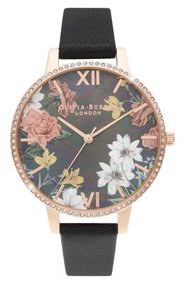 Olivia Burton Sparkle Floral Leather Strap Watch