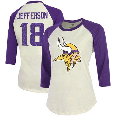 Majestic Threads Women's Fanatics Branded Justin Jefferson Cream/Purple Minnesota Vikings Player Raglan Name & Number 3/4-Sleeve T-Shirt at