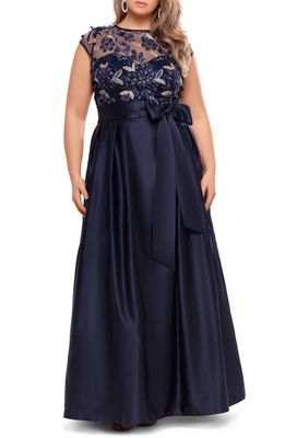 Xscape Metallic Floral Embroidery Cap Sleeve Ballgown in Navy/Gold