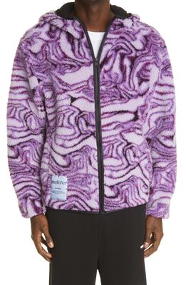 MCQ Marble Print High Pile Fleece Hooded Jacket in Cabbage
