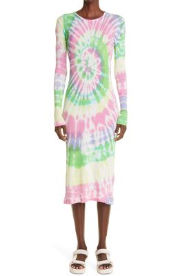 The Elder Statesman Tsunami Tie Dye Long Sleeve Waffle Cotton & Cashmere Dress in Ivory Multi Tie Dye