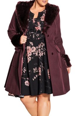 City Chic Make Me Blush Belted Coat with Faux Fur Trim in Bordeaux