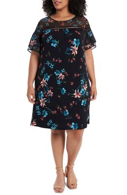 CeCe Expressive Lillies Ruffle Sleeve Mixed Media Dress in Rich Black