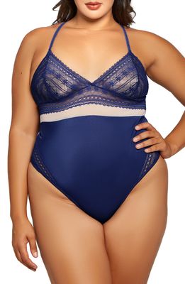 iCollection Lace & Satin Teddy in Navy-Beige