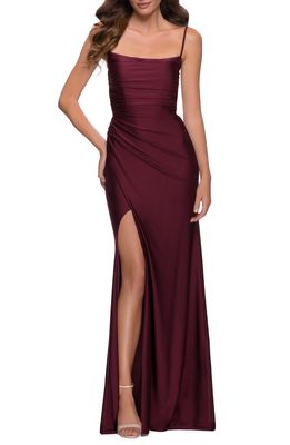 La Femme Square Neck Shiny Jersey Gown in Dark Berry