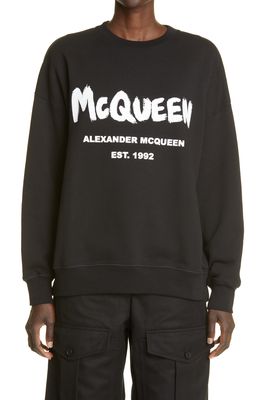 Alexander McQueen Graffiti Logo Oversize Cotton Sweatshirt in 0520 Black/White