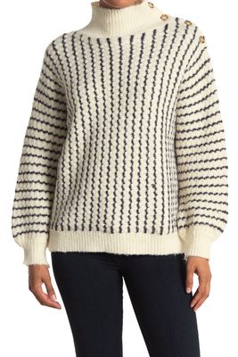 FRNCH Stripe Button Shoulder Mock Neck Sweater in Black/white