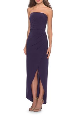 La Femme Strapless Ruched Soft Jersey Gown in Dark Purple